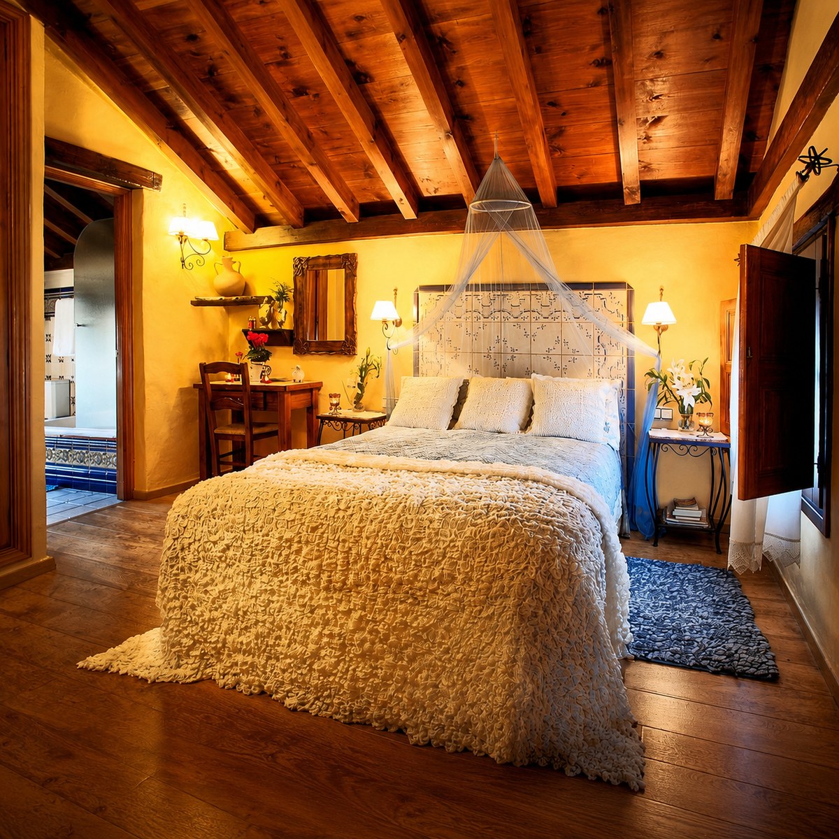 Rustic bedroom at The Ridge accommodation near Pizarra, Málaga